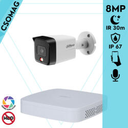 Dahua 1 cső kamerás IP megfigyelőrendszer 8MP cső biztonsági kamera, 2.8 mm-es fix objektívvel, PoE, beépített mikrofonnal, hibrid megvilágítással, fém ház, kültéri (NVR2104PS3-IPCHFW1839TCPAIL0280BS6-KOMPA