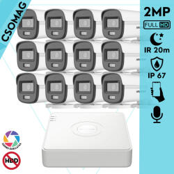 Hikvision 12 cső kamerás analóg megfigyelőrendszer 2MP biztonsági kamera, ColorVu Dual-light látható fény 20m, beépített mikrofonnal, kültéri (DS7116HGHIM1T-DS2CE10DF0TLFS28MM-KOMPAKT-12)