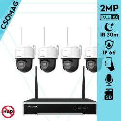 Hikvision 4 dóm kamerás WIFI megfigyelőrendszer 2MP dóm biztonsági kamera, 4.0 mm-es fix objektívvel, beépített WiFi antennával és mikrofonnal, microSD kártyafoglalat, infravörös éjjellátó, IR 30m, kültéri (DS7