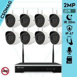 Hikvision 8 cső kamerás WIFI megfigyelőrendszer 2MP cső biztonsági kamera, 4.0 mm-es fix objektívvel, beépített WiFi antennával és mikrofonnal, microSD kártyafoglalat, infravörös éjjellátó, IR 30m, kültéri (DS7