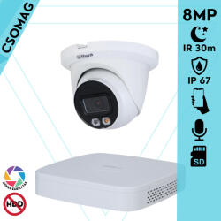 Dahua 1 turret kamerás IP megfigyelőrendszer 8MP turret biztonsági kamera, 2.8 mm-es fix objektívvel, PoE, microSD kártyafoglalat, hibrid megvilágítással, fém ház, kültéri (NVR2104PS3-IPCHDW2849TMSIL0280B-T