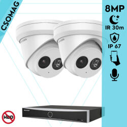 Hikvision 2 turret kamerás IP megfigyelőrendszer 8MP turret biztonsági kamera, 2.8 mm-es fix objektívvel, PoE, IR LED 30m, beépített mikrofonnal, fém ház, kültéri (DS7604NXIK14PD-DS2CD2383G2IU28-TURRET-2)