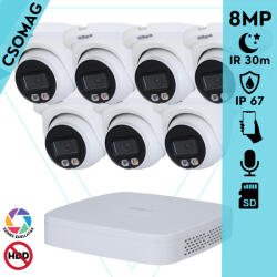 Dahua 7 turret kamerás IP megfigyelőrendszer 8MP turret biztonsági kamera, 2.8 mm-es fix objektívvel, PoE, microSD kártyafoglalat, hibrid megvilágítással, fém ház, kültéri (NVR21088PS3-IPCHDW2849TMSIL0280B-