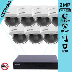 Hikvision 7 dome kamerás IP megfigyelőrendszer 2MP HD dome biztonsági kamera, 2.8 mm-es fix objektívvel, PoE, P2P, kültéri, fém ház, vandálbiztos (DS7108NIQ18PM-DS2CD1121I28MMF-DOME-7)