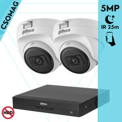 Dahua 2 dome kamerás analóg megfigyelőrendszer 5MP HD dóm biztonsági kamera, 2, 8 mm fix objektív, beltéri (XVR5104HSI3-HACT1A51U0280BS2-DOME-2)