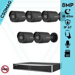 Hikvision 5 cső kamerás IP megfigyelőrendszer 8MP cső biztonsági kamera, AcuSense, 2.8 mm-es fix objektívvel, PoE, IR LED 40m, beépített mikrofonnal, fekete fém ház, kültéri (DS7608NXIK18PD-DS2CD2086G2IU28MMCB-