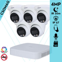 Dahua 5 turret kamerás IP megfigyelőrendszer 4MP turret biztonsági kamera, 2.8 mm-es fix objektívvel, PoE, beépített mikrofonnal, hibrid megvilágítással, fém ház, kültéri (NVR21088PS3-IPCHDW2449TMSIL0280B-T