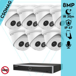 Hikvision 7 turret kamerás IP megfigyelőrendszer 8MP turret biztonsági kamera, 2.8 mm-es fix objektívvel, PoE, IR LED 30m, beépített mikrofonnal, fém ház, kültéri (DS7608NXIK18PD-DS2CD2383G2IU28-TURRET-7)