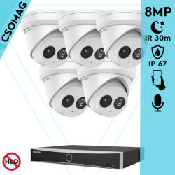 Hikvision 5 turret kamerás IP megfigyelőrendszer 8MP turret biztonsági kamera, 2.8 mm-es fix objektívvel, PoE, IR LED 30m, beépített mikrofonnal, fém ház, kültéri (DS7608NXIK18PD-DS2CD2383G2IU28-TURRET-5)
