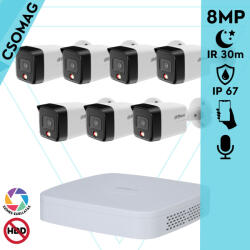 Dahua 7 cső kamerás IP megfigyelőrendszer 8MP cső biztonsági kamera, 2.8 mm-es fix objektívvel, PoE, beépített mikrofonnal, hibrid megvilágítással, fém ház, kültéri (NVR21088PS3-IPCHFW1839TCPAIL0280BS6-KOMP