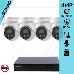 Hikvision 4 turret kamerás IP megfigyelőrendszer 4MP turret biztonsági kamera, 2.8 mm-es fix objektívvel, beépített mikrofon, microSD, valós WDR, PoE, P2P, IR LED 30m, fém ház, kültéri (DS7104NIQ14PM-DS2CD2346G