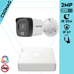 Hikvision 1 cső kamerás analóg megfigyelőrendszer 2MP biztonsági kamera, IR megvilágítás 20 m, fehér fény 20 m, kültéri (DS7104HGHIM1T-DS2CE16D0TEXLF28MM-KOMPAKT-1)
