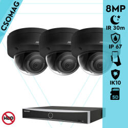 Hikvision 3 dome kamerás IP megfigyelőrendszer 8MP dome biztonsági kamera, AcuSense, 2.8 mm-es fix objektívvel, PoE, P2P, IR LED 30m, fekete fém ház, kültéri, IK10 vandálbiztos (DS7604NXIK14PD-DS2CD2183G2IS28MM