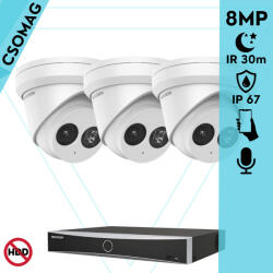 Hikvision 3 turret kamerás IP megfigyelőrendszer 8MP turret biztonsági kamera, 2.8 mm-es fix objektívvel, PoE, IR LED 30m, beépített mikrofonnal, fém ház, kültéri (DS7604NXIK14PD-DS2CD2383G2IU28-TURRET-3)