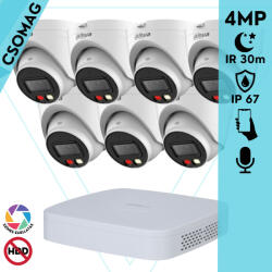 Dahua 7 turret kamerás IP megfigyelőrendszer 4MP HD turret biztonsági kamera, 2.8 mm-es fix objektívvel, PoE, beépített mikrofonnal, színes éjszakai kép, kültéri (NVR21088PS3-DHIPCHDW1439VPAIL0280B-TURRET-7