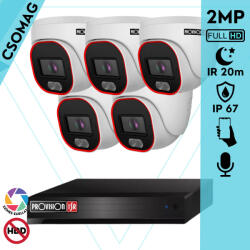 Provision-ISR 5 dome kamerás IP megfigyelőrendszer 2MP HD dome biztonsági kamera, 2.8 mm-es fix objektívvel, hibrid világítással, PoE, beépített mikrofonnal, IR 20m, kültéri (NVR58200PXNMM-DH320IPBN28-DOME-5)