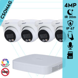 Dahua 4 turret kamerás IP megfigyelőrendszer 4MP turret biztonsági kamera, 2.8 mm-es fix objektívvel, PoE, beépített mikrofonnal, hibrid megvilágítással, fém ház, kültéri (NVR2104PS3-IPCHDW2449TMSIL0280B-TU