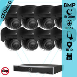 Hikvision 8 dome kamerás IP megfigyelőrendszer 8MP dome biztonsági kamera, AcuSense, 2.8 mm-es fix objektívvel, PoE, P2P, IR LED 30m, fekete fém ház, kültéri, IK10 vandálbiztos (DS7608NXIK18PD-DS2CD2183G2IS28MM
