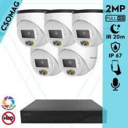 Techson 5 turret kamerás IP megfigyelőrendszer 2MP HD turret biztonsági kamera, 2.8 mm-es fix objektívvel, PoE, beépített mikrofonnal, hibrid fényű megvilágítás, kültéri, fém ház (TCRI12S08PNS-TCIEL2E002WIA28