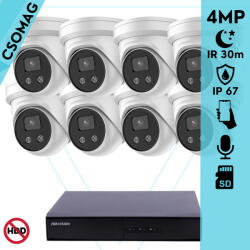 Hikvision 8 turret kamerás IP megfigyelőrendszer 4MP turret biztonsági kamera, 2.8 mm-es fix objektívvel, beépített mikrofon, microSD, valós WDR, PoE, P2P, IR LED 30m, fém ház, kültéri (DS7108NIQ18PM-DS2CD2346G