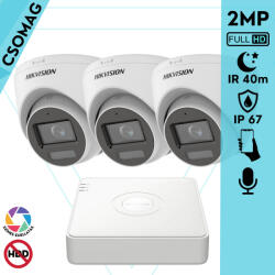 Hikvision 3 turret kamerás analóg megfigyelőrendszer 2MP biztonsági kamera, IR megvilágítás 40 m, fehér fény 20 m, beépített mikrofon, kültéri (DS7104HGHIM1T-DS2CE78D0TLFS28MM-TURRET-3)