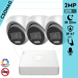 Hikvision 3 turret kamerás analóg megfigyelőrendszer 2MP biztonsági kamera, ColorVu Dual-light látható fény 20m, beépített mikrofonnal, kültéri (DS7104HGHIM1T-DS2CE70DF0TLMFS28MM-TURRET-3)