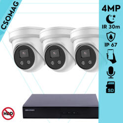 Hikvision 3 turret kamerás IP megfigyelőrendszer 4MP turret biztonsági kamera, 2.8 mm-es fix objektívvel, beépített mikrofon, microSD, valós WDR, PoE, P2P, IR LED 30m, fém ház, kültéri (DS7104NIQ14PM-DS2CD2346G