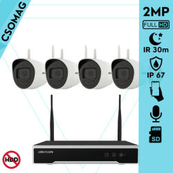 Hikvision 4 cső kamerás WIFI megfigyelőrendszer 2MP cső biztonsági kamera, 4.0 mm-es fix objektívvel, beépített WiFi antennával és mikrofonnal, microSD kártyafoglalat, infravörös éjjellátó, IR 30m, kültéri (DS7