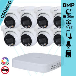 Dahua 8 turret kamerás IP megfigyelőrendszer 8MP turret biztonsági kamera, 2.8 mm-es fix objektívvel, PoE, microSD kártyafoglalat, hibrid megvilágítással, fém ház, kültéri (NVR21088PS3-IPCHDW2849TMSIL0280B-