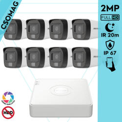 Hikvision 8 cső kamerás analóg megfigyelőrendszer 2MP biztonsági kamera, IR megvilágítás 20 m, fehér fény 20 m, kültéri (DS7108HGHIM1T-DS2CE16D0TEXLF28MM-KOMPAKT-8)