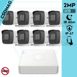 Hikvision 8 cső kamerás analóg megfigyelőrendszer 2MP biztonsági kamera, IR 40m, kültéri (DS7108HGHIM1T-DS2CE17D0TIT3F28MM-KOMPAKT-8)