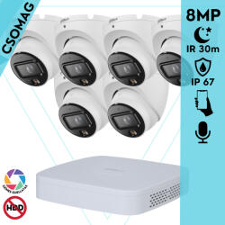 Dahua 6 turret kamerás IP megfigyelőrendszer 8MP turret biztonsági kamera, 2.8 mm-es fix objektívvel, PoE, beépített mikrofonnal, hibrid megvilágítással, fém ház, kültéri (NVR21088PS3-IPCHDW1839TPAIL0280BS6