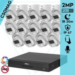 Dahua 14 dome kamerás analóg megfigyelőrendszer 2MP HD dóm biztonsági kamera, 3, 6 mm fix objektív, hibrid fény, beépített mikrofon (XVR5116HSI3-HACHDW1200CLQILA0360BS6-DOME-14)