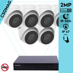 Hikvision 6 turret kamerás IP megfigyelőrendszer 2MP HD turret biztonsági kamera, 2.8 mm-es fix objektívvel, PoE, beépített mikrofonnal, IR LED 30m, kültéri, fém ház (DS7108NIQ18PM-DS2CD1321I28MMF-TURRET-6)