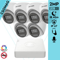 Hikvision 6 turret kamerás analóg megfigyelőrendszer 2MP biztonsági kamera, IR megvilágítás 40 m, fehér fény 20 m, beépített mikrofon, kültéri (DS7108HGHIM1T-DS2CE78D0TLFS28MM-TURRET-6)