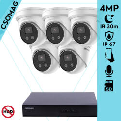 Hikvision 5 turret kamerás IP megfigyelőrendszer 4MP turret biztonsági kamera, 2.8 mm-es fix objektívvel, beépített mikrofon, microSD, valós WDR, PoE, P2P, IR LED 30m, fém ház, kültéri (DS7108NIQ18PM-DS2CD2346G