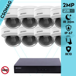 Hikvision 8 dome kamerás IP megfigyelőrendszer 2MP HD dome biztonsági kamera, 2.8 mm-es fix objektívvel, PoE, P2P, kültéri, fém ház, vandálbiztos (DS7108NIQ18PM-DS2CD1121I28MMF-DOME-8)