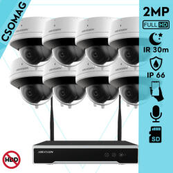 Hikvision 8 dóm kamerás WIFI megfigyelőrendszer 2MP dóm biztonsági kamera, 4.0 mm-es fix objektívvel, beépített WiFi antennával és mikrofonnal, microSD kártyafoglalat, infravörös éjjellátó, IR 30m, kültéri (DS7