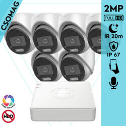 Hikvision 6 turret kamerás analóg megfigyelőrendszer 2MP biztonsági kamera, ColorVu Dual-light látható fény 20m, beépített mikrofonnal, kültéri (DS7108HGHIM1T-DS2CE70DF0TLMFS28MM-TURRET-6)