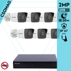 Hikvision 7 cső kamerás IP megfigyelőrendszer 2MP HD cső biztonsági kamera, 2.8 mm-es fix objektívvel, PoE, beépített mikrofonnal, IR LED 30m, kültéri, fém ház (DS7108NIQ18PM-DS2CD1021I28F-KOMPAKT-7)
