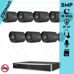 Hikvision 7 cső kamerás IP megfigyelőrendszer 8MP cső biztonsági kamera, AcuSense, 2.8 mm-es fix objektívvel, PoE, IR LED 40m, beépített mikrofonnal, fekete fém ház, kültéri (DS7608NXIK18PD-DS2CD2086G2IU28MMCB-