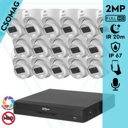 Dahua 16 dome kamerás analóg megfigyelőrendszer 2MP HD dóm biztonsági kamera, 3, 6 mm fix objektív, hibrid fény, beépített mikrofon (XVR5116HSI3-HACHDW1200CLQILA0360BS6-DOME-16)