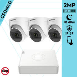 Hikvision 3 turret kamerás analóg megfigyelőrendszer 2MP biztonsági kamera, IR 40m, kültéri (DS7104HGHIM1T-DS2CE56D0TIT3F28MMC-TURRET-3)