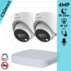 Dahua 2 turret kamerás IP megfigyelőrendszer 4MP HD turret biztonsági kamera, 2.8 mm-es fix objektívvel, PoE, beépített mikrofonnal, színes éjszakai kép, kültéri (NVR2104PS3-DHIPCHDW1439VPAIL0280B-TURRET-2)