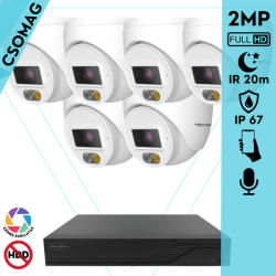 Techson 6 turret kamerás IP megfigyelőrendszer 2MP turret biztonsági kamera, 2.8 mm-es fix objektív, PoE, beépített mikrofonnal, hibrid világítással 20m-ig, kültéri (TCRI12S08PNS-TCIEL2E002WIA28P-TURRET-6)