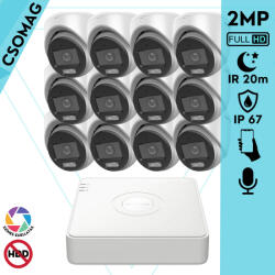 Hikvision 12 turret kamerás analóg megfigyelőrendszer 2MP biztonsági kamera, ColorVu Dual-light látható fény 20m, beépített mikrofonnal, kültéri (DS7116HGHIM1T-DS2CE70DF0TLMFS28MM-TURRET-12)