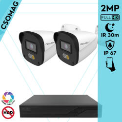 Techson 2 cső kamerás IP megfigyelőrendszer 2MP HD cső biztonsági kamera, 2.8 mm-es fix objektívvel, PoE, beépített mikrofonnal, hibrid fényű megvilágítás, kültéri, fém ház (TCRI12S04PNS-TCIEL2C902WIA28-KOMPA