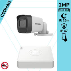 Hikvision 1 cső kamerás analóg megfigyelőrendszer 2MP biztonsági kamera, IR 25m, beltéri és kültéri (DS7104HGHIM1T-DS2CE16D0TITPF36MMC-KOMPAKT-1)