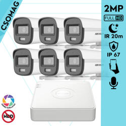 Hikvision 6 cső kamerás analóg megfigyelőrendszer 2MP biztonsági kamera, ColorVu Dual-light látható fény 20m, beépített mikrofonnal, kültéri (DS7108HGHIM1T-DS2CE10DF0TLFS28MM-KOMPAKT-6)