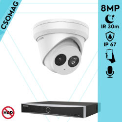 Hikvision 1 turret kamerás IP megfigyelőrendszer 8MP turret biztonsági kamera, 2.8 mm-es fix objektívvel, PoE, IR LED 30m, beépített mikrofonnal, fém ház, kültéri (DS7604NXIK14PD-DS2CD2383G2IU28-TURRET-1)